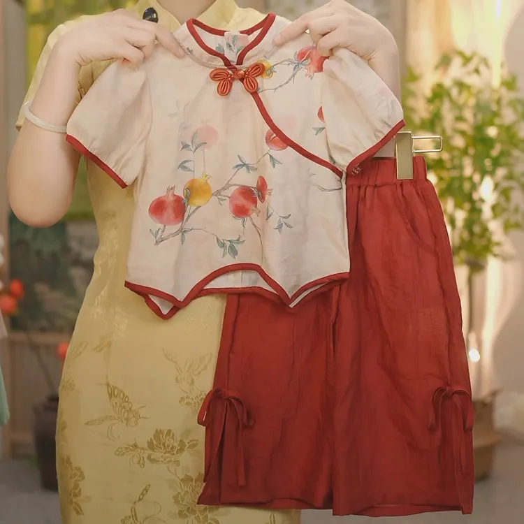 现货【红柚】SC298女童夏季新中式红袖2025国风新款套装