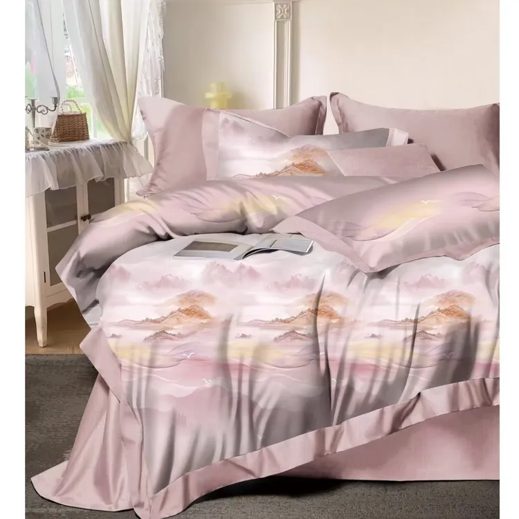 水墨被套数码印花轻奢四件套丝滑结婚配套床上亲肤极简时尚黄一恒