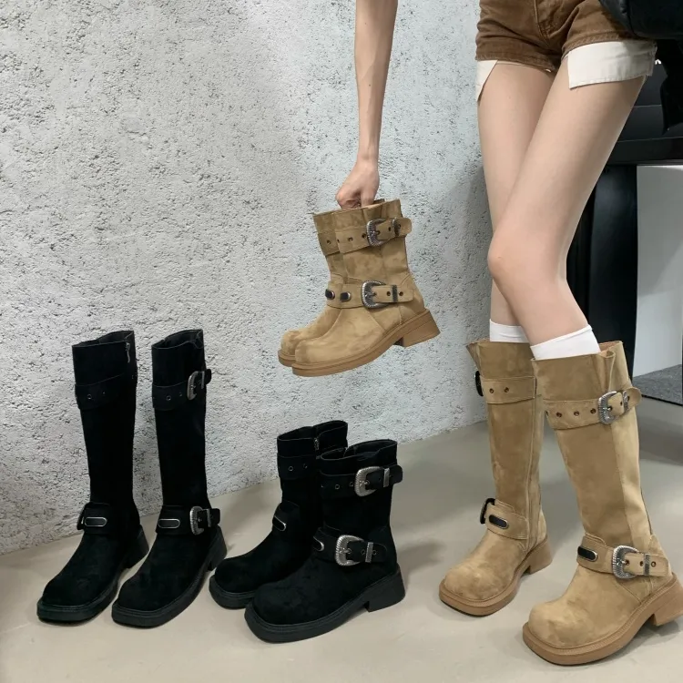 方头高筒骑士靴女2025新款秋冬皮带扣厚底不过膝长筒长靴女马丁靴