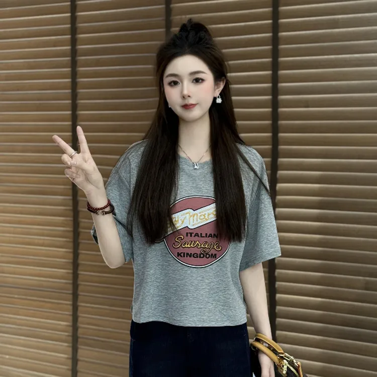 宿慕SUMU圆领印花短袖T恤2025新款夏季时尚休闲短款上衣小雨女装