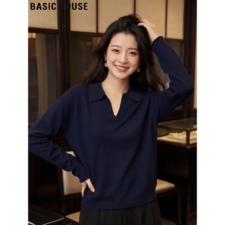 Basic House/百家好复古藏蓝色polo领长袖针织衫女春季打底衫毛衣