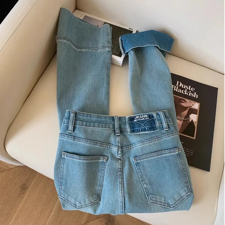 设计感高腰九分阔腿牛仔裤女2025春款梨型身材宽松显瘦法棍梧桐裤