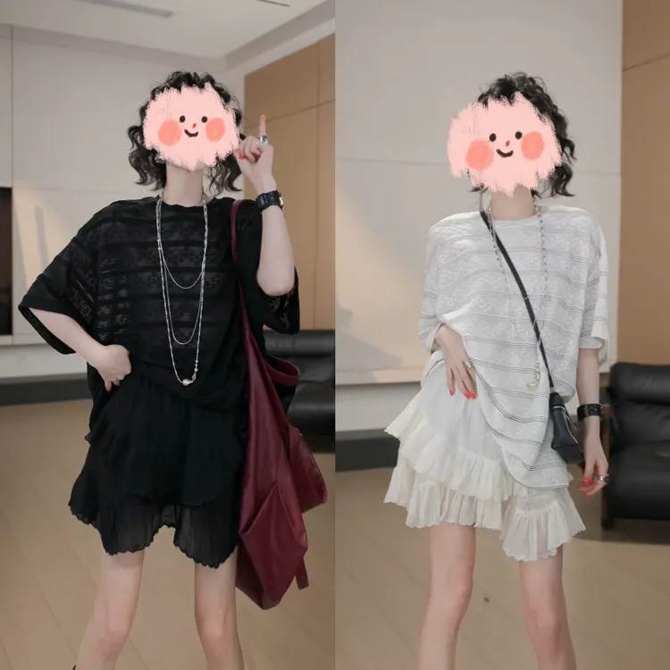 2025夏季慵懒风圆领条纹宽松显瘦短袖T恤高腰刺绣蛋糕短裙套装女