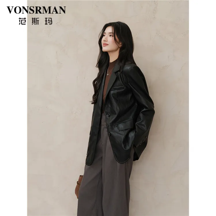 复古静奢风皮西装外套女2025新款春秋通勤宽松高级感正肩西服皮衣