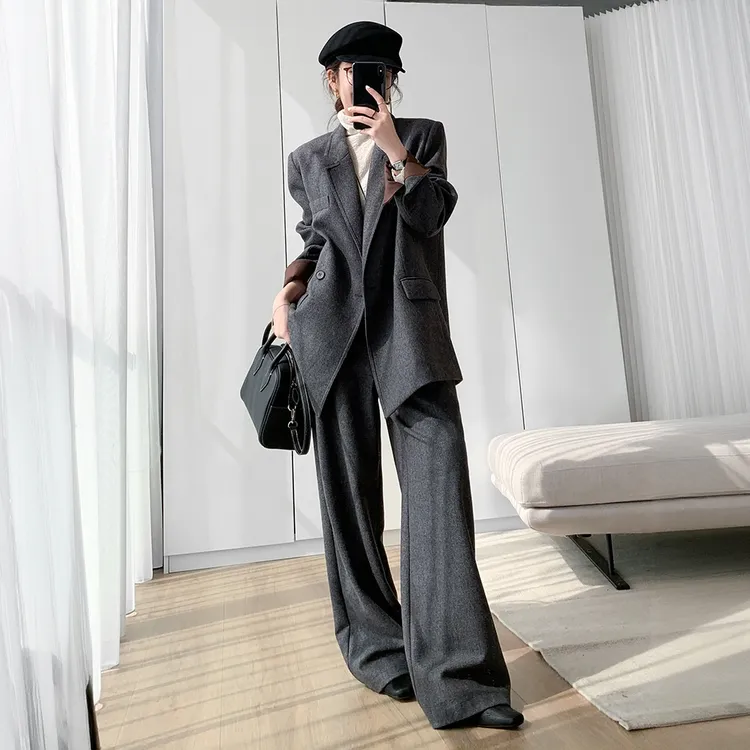 老钱风高级感通勤套装女2025秋冬新款时尚气质毛呢外套长裤两件套