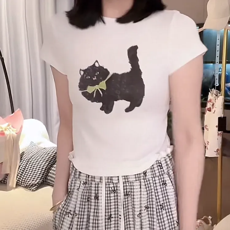 流行款卡通印花圆领短袖T恤女2025夏季新款休闲宽松上衣显瘦百搭