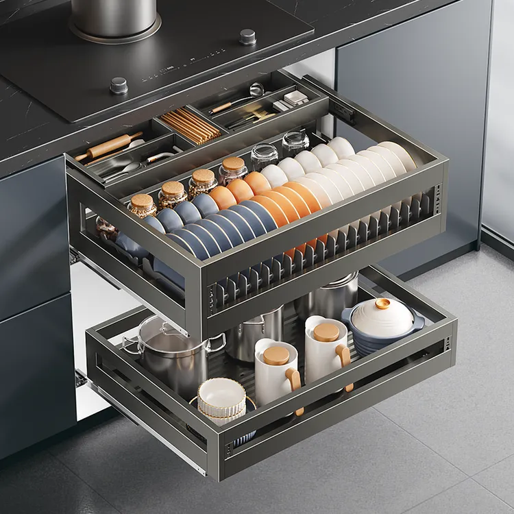 四季沐歌拉篮厨房橱柜碗碟篮不锈钢板状抽屉式碗碟阻尼收纳工具篮