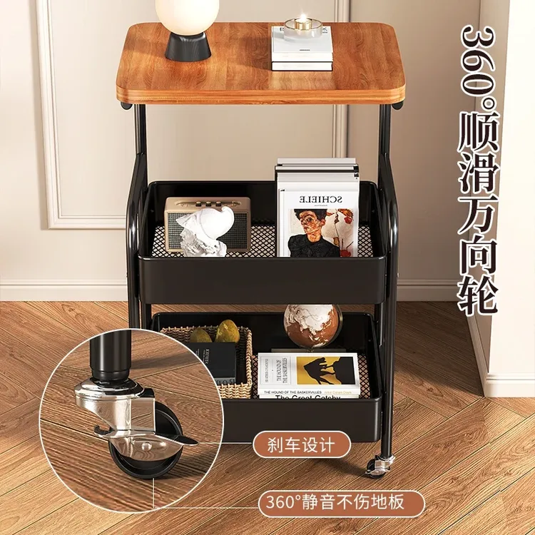 中古三层小推车零食置物架复古客厅移动茶几边柜沙发边几小桌子