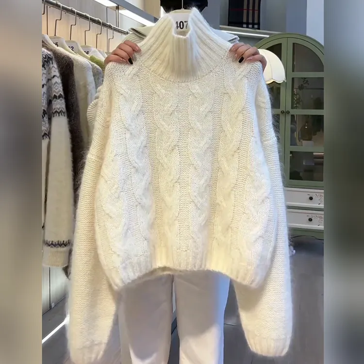 欧货慵懒风高领麻花针织衫女2025秋冬长袖宽松加厚毛衣高级感上衣