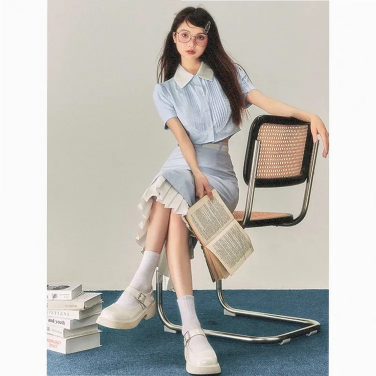 【清仓】感小众设计感法式衬衫上衣+半身长裙套装女夏季两件套