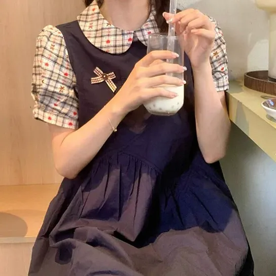 娃娃领衬衫裙小个子穿搭休闲宽松假两件格子拼接连衣裙88093