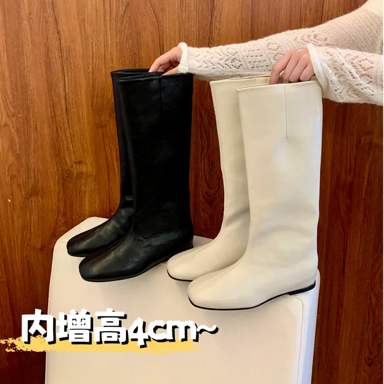 4cm内增高韩版气质温柔白骑士靴女简约英伦风显瘦套筒圆头高筒靴