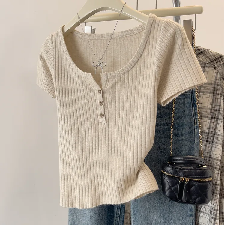 【80-180斤】半开圆领冰丝短袖T恤女夏季宽松遮肚坑条百搭针织上衣