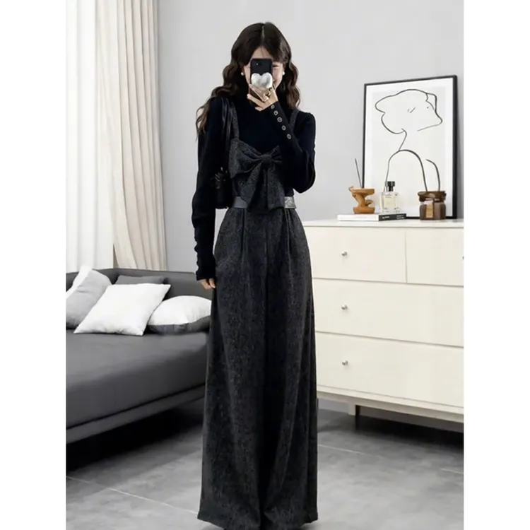 高级御姐气质休闲蝴蝶结吊带连体裤女装2025秋冬新款气场强大套装