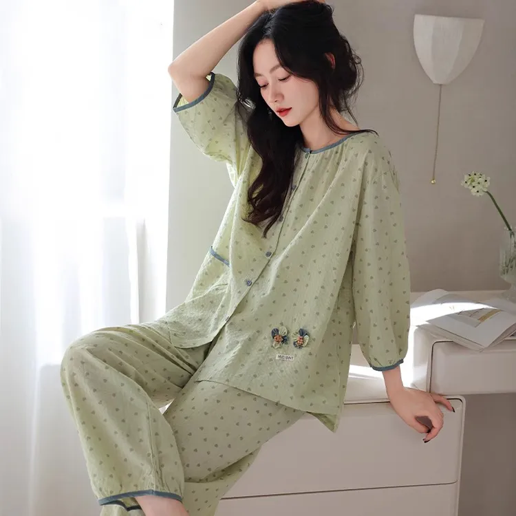 睡衣女士春秋款棉质七分袖九分裤2025新款碎花薄款大码夏季家居服