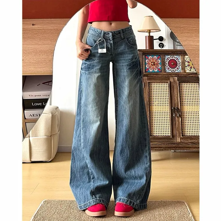 蓝色弯刀阔腿牛仔裤女秋季新款宽松显瘦垂感镰刀直筒拖地牛仔裤子