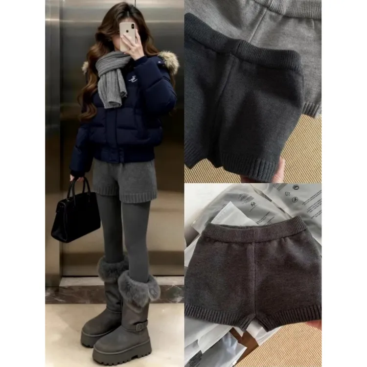 灰色针织短裤女秋冬外穿高腰小个子毛线打底裤修身显瘦直筒休闲裤
