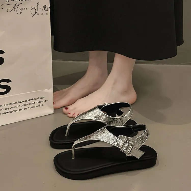 【万达撤柜】设计感小众时尚鞋子罗马鞋凉鞋女鞋厚底款度假风银色凉