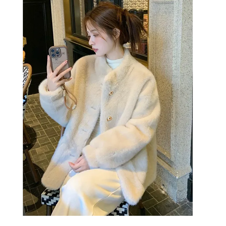 新款小香风立领仿水貂毛绒外套女冬季加厚毛毛大衣高级感环保皮草