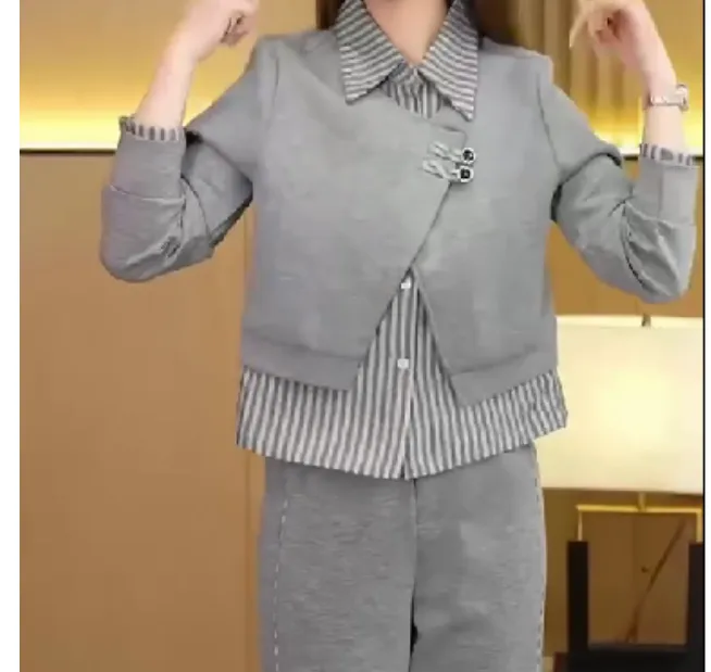 2024春季新款时尚女装网红潮流气质靓丽灰色套装两件套xi