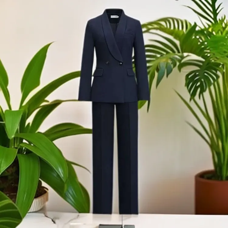 鑫权外套长裤极简风长袖职业女气质裤套装蓝色小西装脏脏风时尚