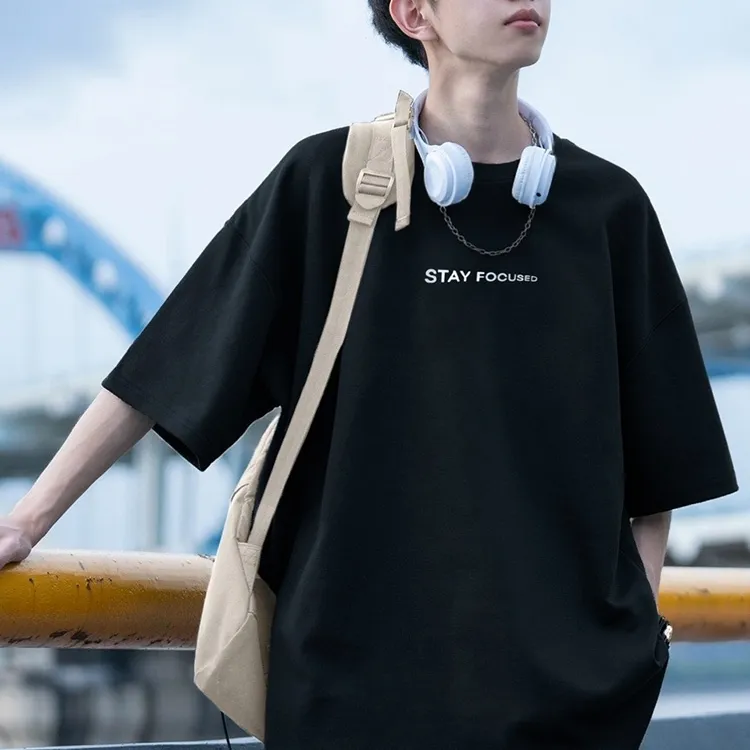 纯棉短袖t恤男士夏季2025新款美式潮牌宽松长袖重磅体恤男生衣服