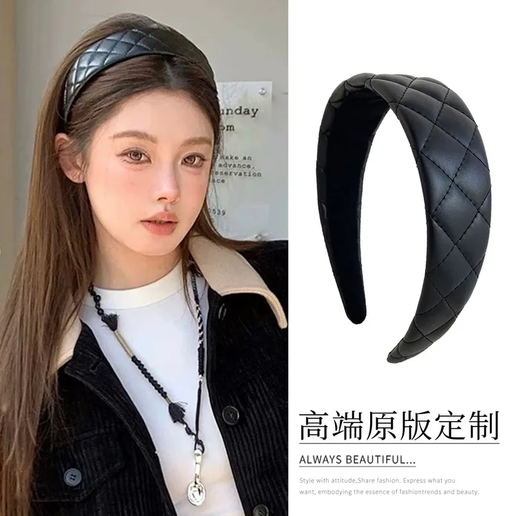 甜酷风~黑色pu皮菱格宽面发箍女法式小香风气质头箍头饰日常发卡