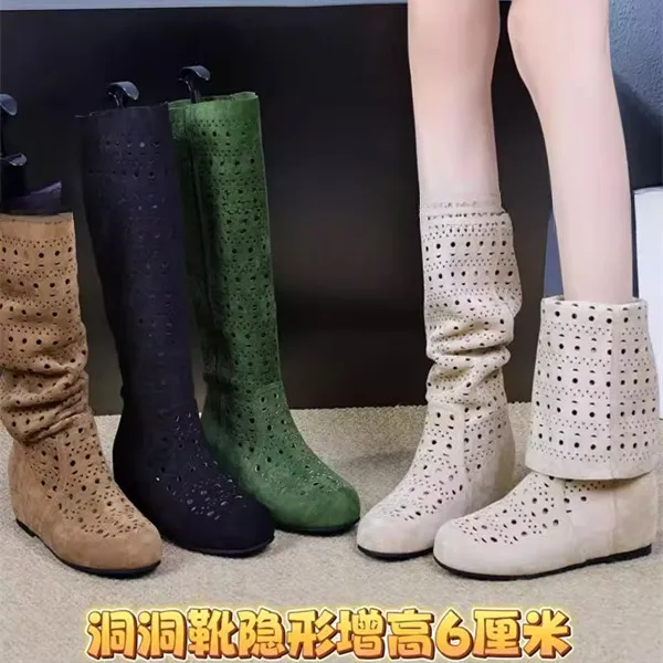夏天靴子增高6公分旅游穿搭法式透气长靴舒适软底镂空女款长筒靴