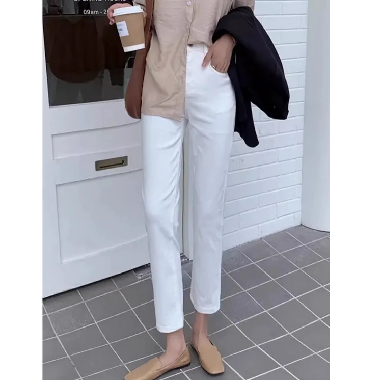 米白色小直筒牛仔裤女2025年夏秋新款烟管裤高腰女款早秋法棍裤厚
