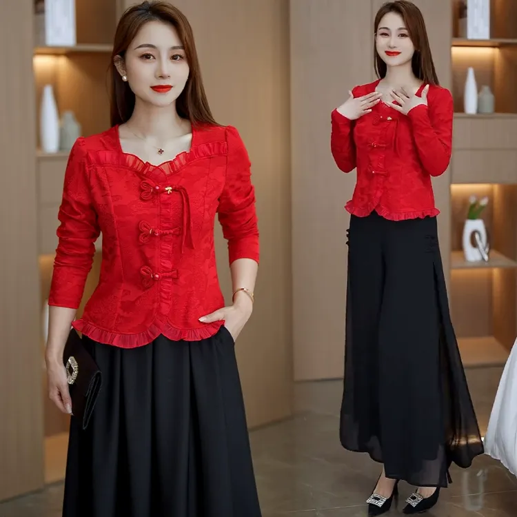 新中式时尚套装女2025春季新款洋气显瘦提花盘扣衬衫阔腿裤两件套