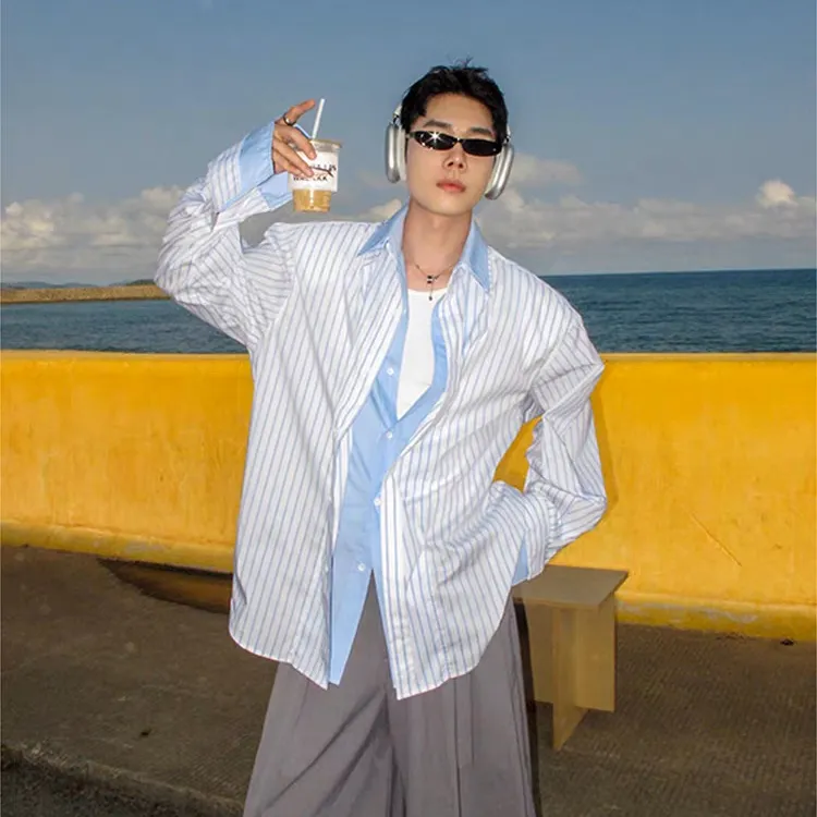 美式复古条纹拼接宽松假两件衬衫男学院风设计感潮牌休闲防晒衬衣