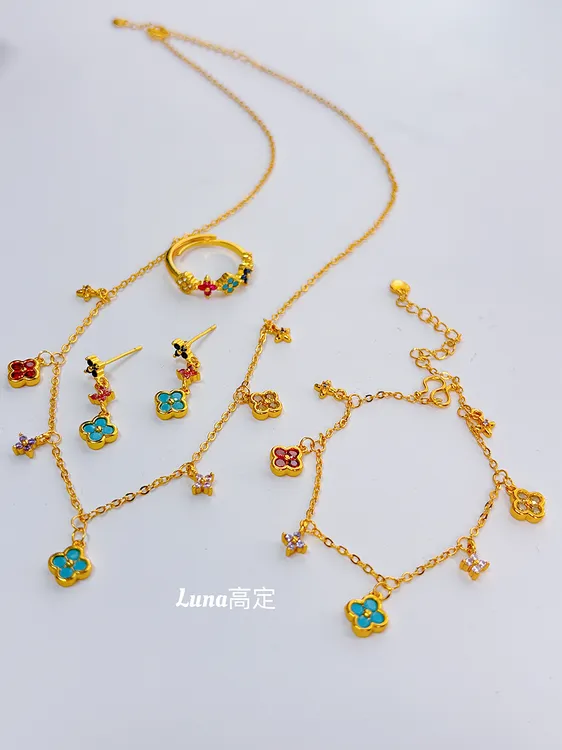 铜合金项链 Luna定制0471明星款幸运四叶草迷你彩色项链耳钉手链