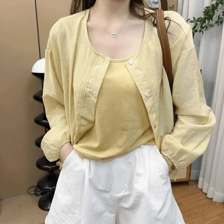 2025夏季新款韩版法式圆领衬衫薄防晒衣外套女吊带背心两件套装