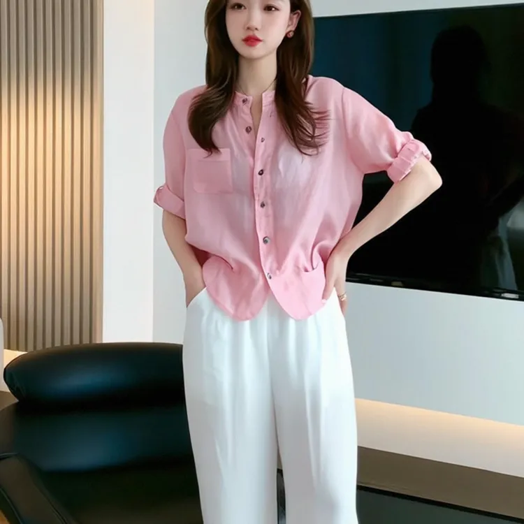 洋气宽松百搭纯色衬衫简约时尚中袖衬衣女LK2502910