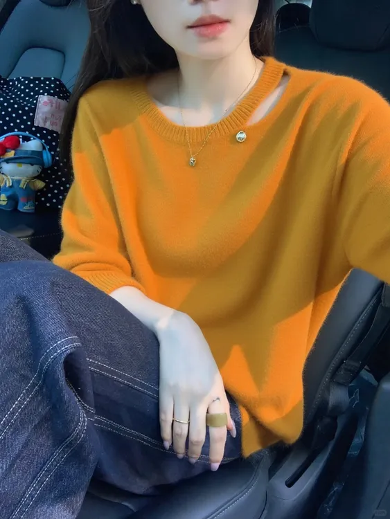 多巴胺橘色镂空毛衣秋冬季新款韩系氛围感独特轻熟风针织衫女上衣