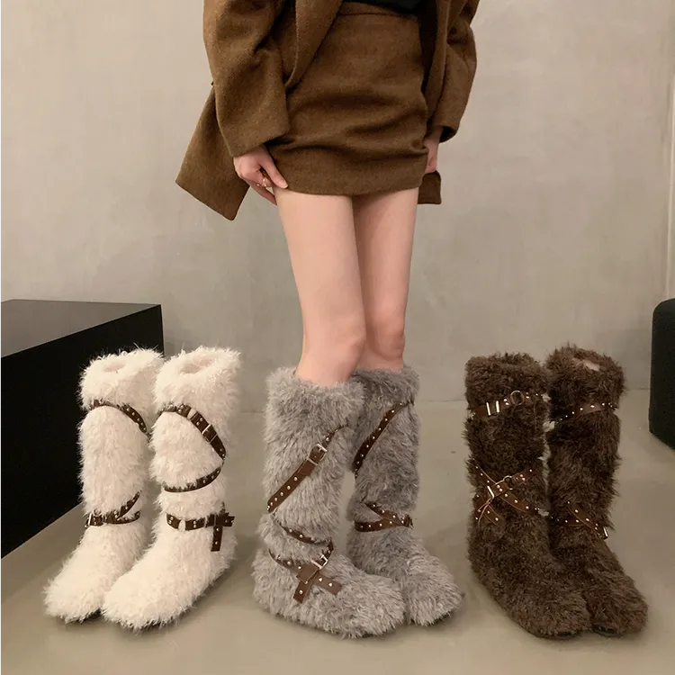 DZ-116-3内增高加绒加厚雪地靴女2025秋冬季毛毛鞋棉鞋高筒骑士靴