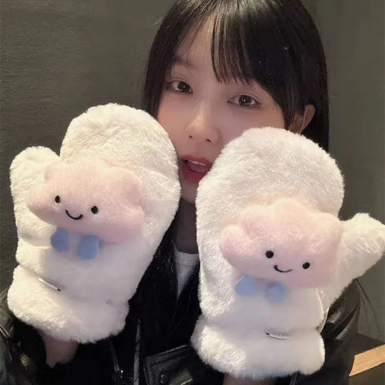 全包连指学生厚款手套连指女生时尚卡通加厚防风保暖毛绒手套组合