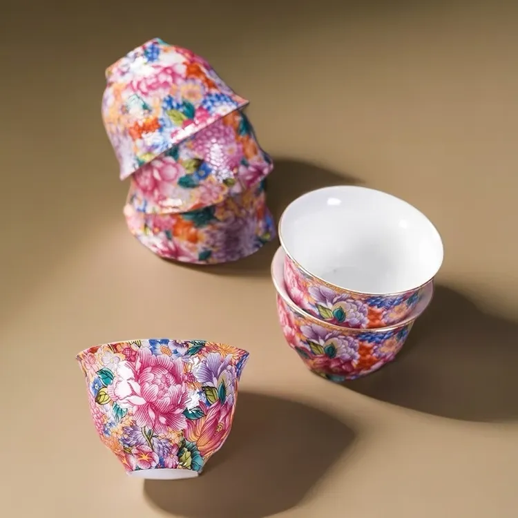 珐琅彩万花品茗杯客杯喝茶杯家用主人杯高档茶杯喝水杯陶瓷主人杯