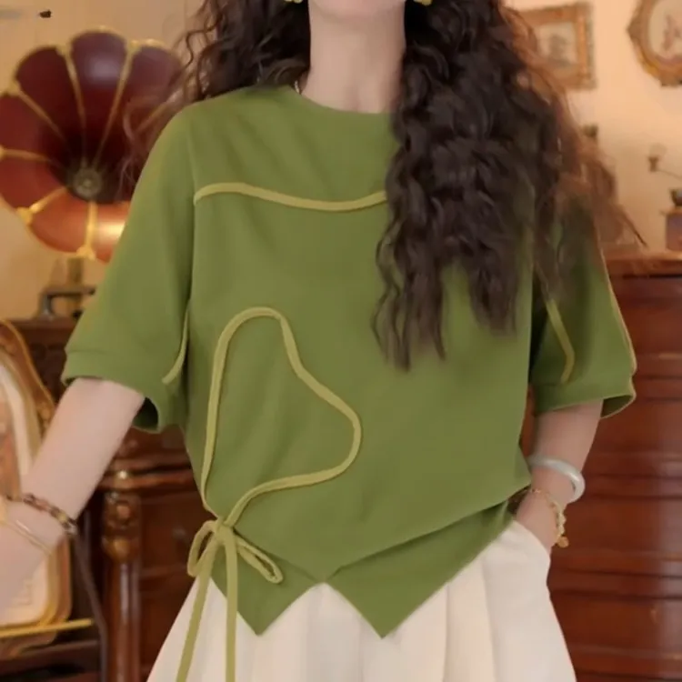 【春烟扶柳】新款夏季港风夏季短袖复古T恤拼色休闲上衣LK2504061