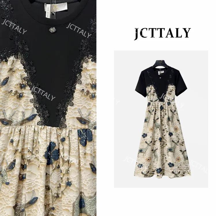 夏季新款高级亮钻女装拼接假两件收腰显瘦气质高端连衣裙JC-A4037