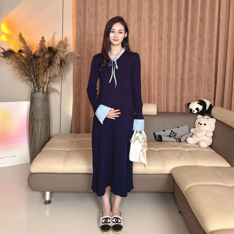 Ann&tens[秋色伊人]秋季高级时尚长款修身高弹洋气针织孕妇连衣裙