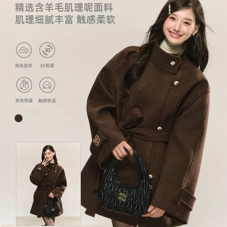 【90白鸭绒】秋冬新款系带收腰棕色小个子高级感立领毛呢大衣外套女