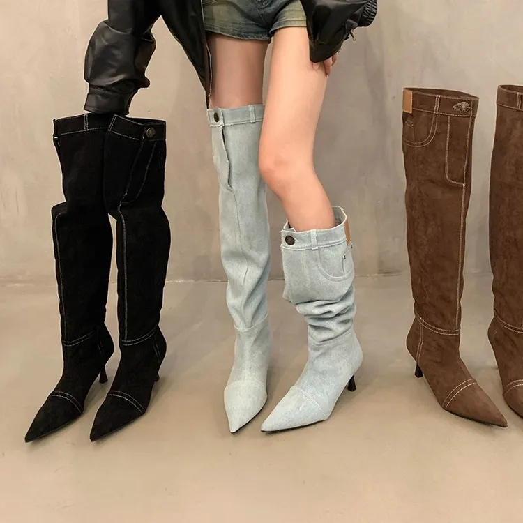 高跟辣妹风尖头牛仔靴女鞋2025年秋冬新款堆堆靴细跟复古法式单靴