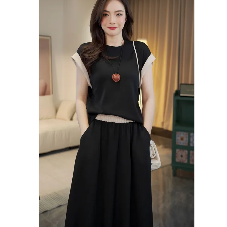 2025夏季新款撞色飞袖套装遮肉显瘦气质垂感高腰大摆长裙+T恤