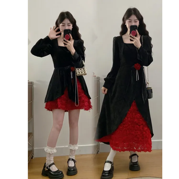 大码女装春季新款玫瑰丝绒拼接连衣裙收腰显瘦长短裙