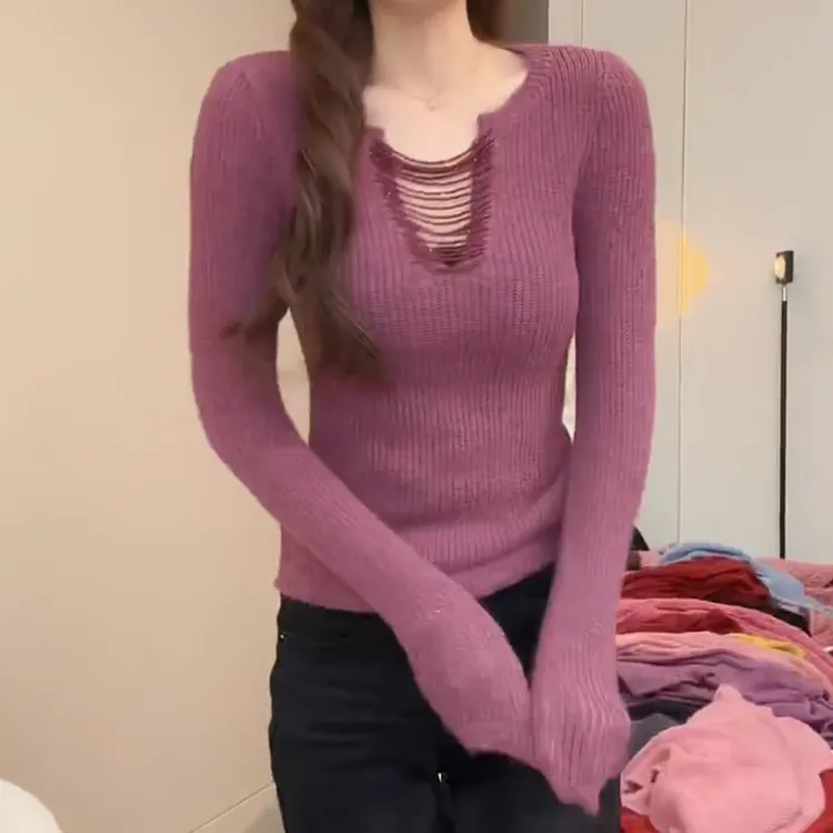 V领钉珠毛衣2026ins风秋冬修身显瘦打底针织衫女LK2509122