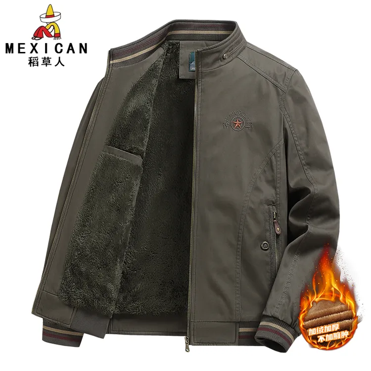 稻草人秋冬季加绒加厚休闲夹克外套宽松保暖立领中老年男士上衣