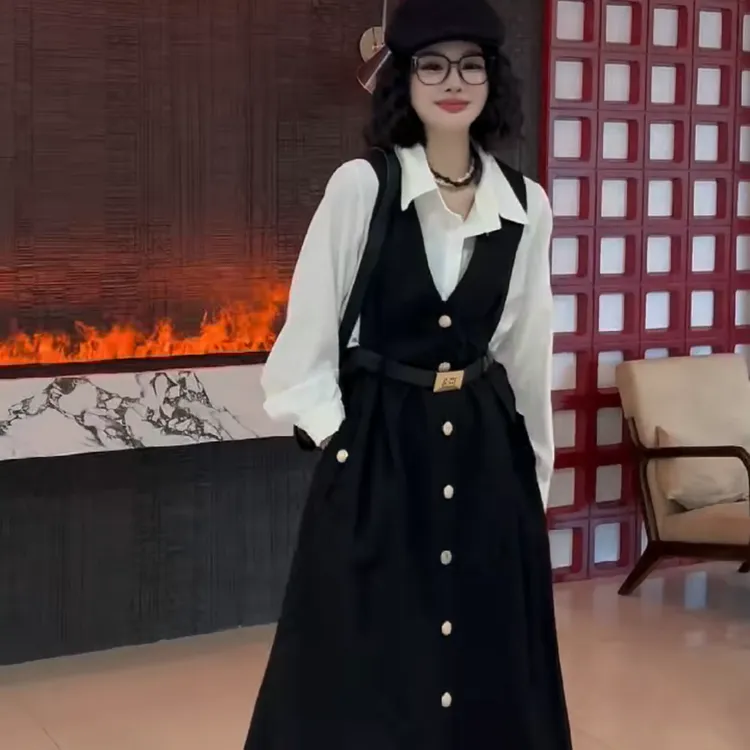 胖妹妹韩版气质通勤套装加大码女装翻领长袖衬衫腰带马甲裙两件套