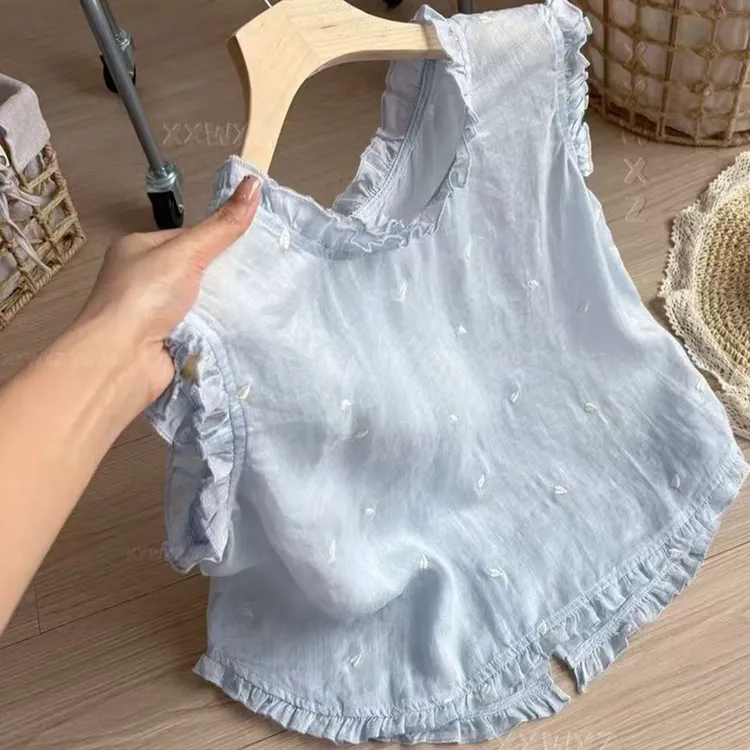 2025夏季刺绣常规款木耳韩版露肩遮肉衬衫娃娃衫蓝色小衫文艺上衣