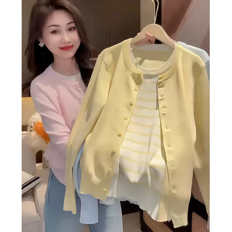 韩系复古假两件条纹针织开衫女开春季新款休闲百搭减龄软糯针织衫